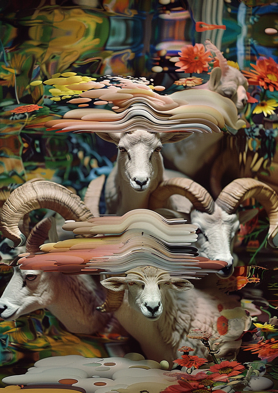 Multiple goats with large, curved horns against a colorful, abstract background and surface, with their heads partly obscured by unusual, layered, and distorted shapes.