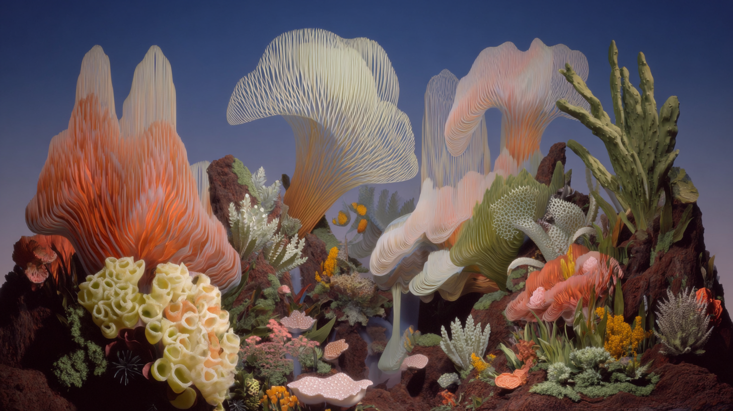Colorful artistic coral reef scene with various coral formations and sea plants against a blue background.
