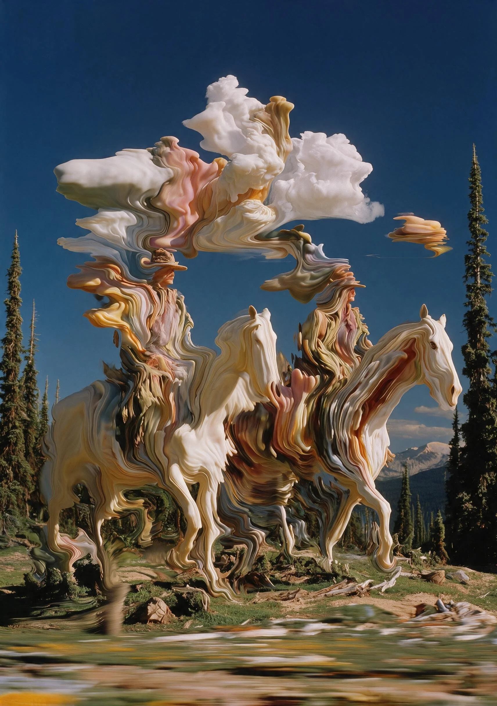 A digitally altered photo of a landscape showing trees, mountains, and a grassy field, with swirling, distorted clouds in the sky.