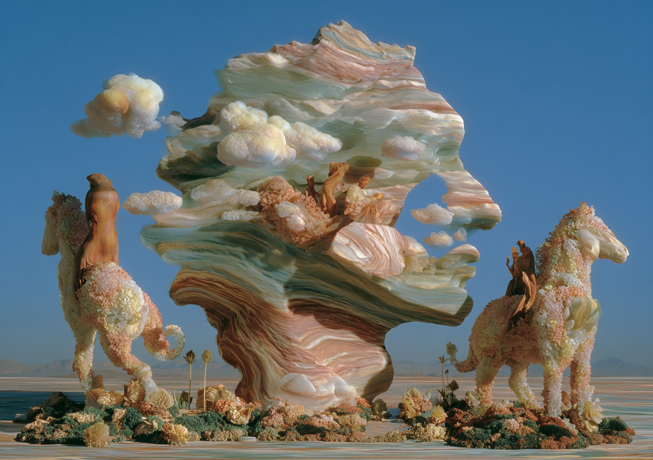 A surreal landscape with a large, colorful rock formation shaped like a human face in profile, flanked by two camel-like creatures made of flowers and organic materials, with a desert and mountains in the background.