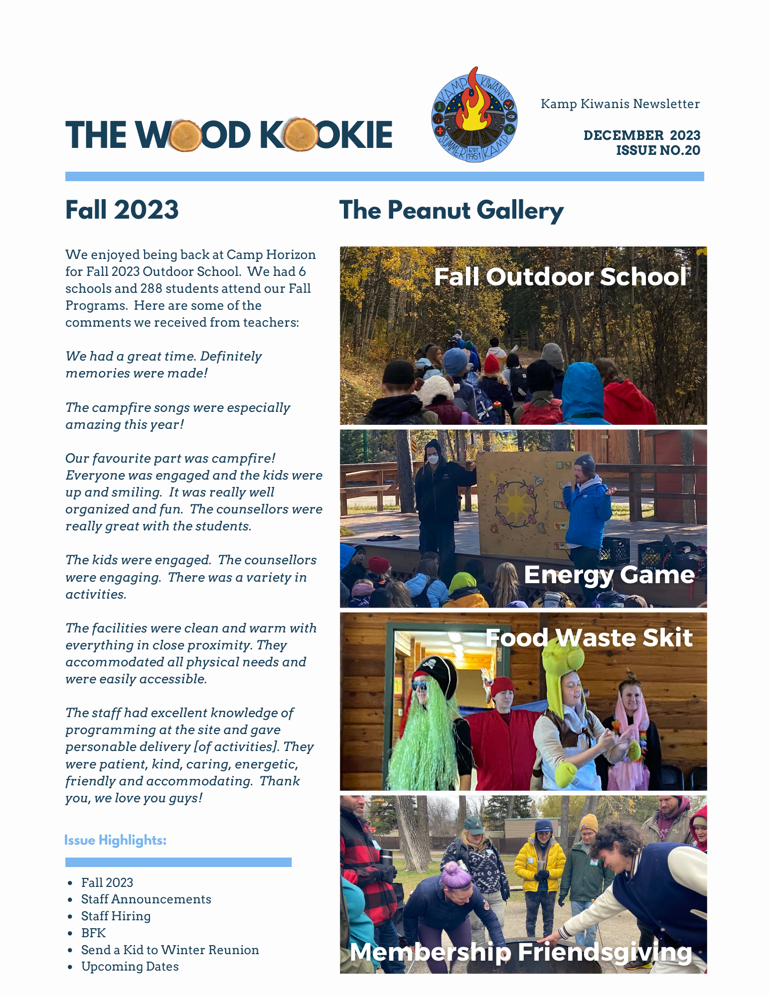 "The Wood Kookie" Kamp Kiwanis Newsletter Issue No. 20 Dec 2023