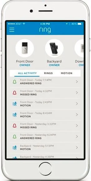 The image shows a smartphone with a history of alerts received on the Ring Video Doorbell.