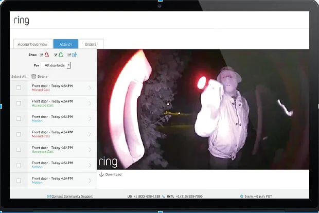 The night feature of the Ring Video Doorbell shows someone with a flashlight wearing a disguise.