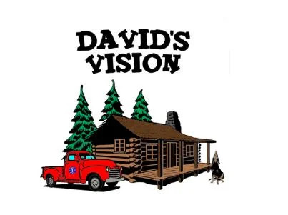  The logo of David’s Vision, which is an image of a log cabin beside some pine trees, with a red truck and a hound dog. 
