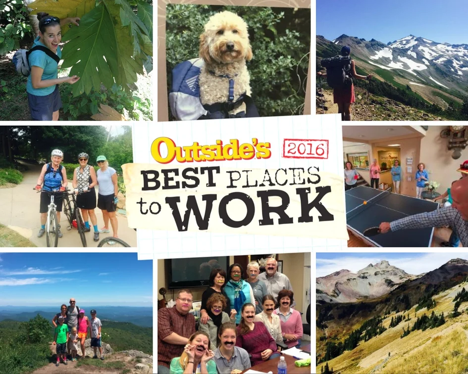  A graphic showing the Outside Magazine Award for 2016 and various members of the  Simply Home staff and their families, hiking, biking, playing ping-pong, and wearing mustaches. 