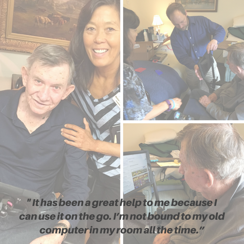  The image displays a quote from Charles: “The technology has been a great help to me because I can use it on the go. I’m not bound to my old computer in my room all the time.” The three pictures show Charles with a caregiver, Charles with  Simply Home technician Steve, and using his new wheelchair-mounted iPad. 