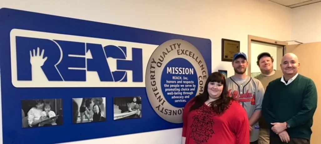  The REACH technology team, from left to right: Sabrina Cardinal, Adult Service Coordinator; Jared Pigue, Adult Staff Manager; Henry Wyatt, Adult Staff Manager; Ronald Little, Adult Services Director. 