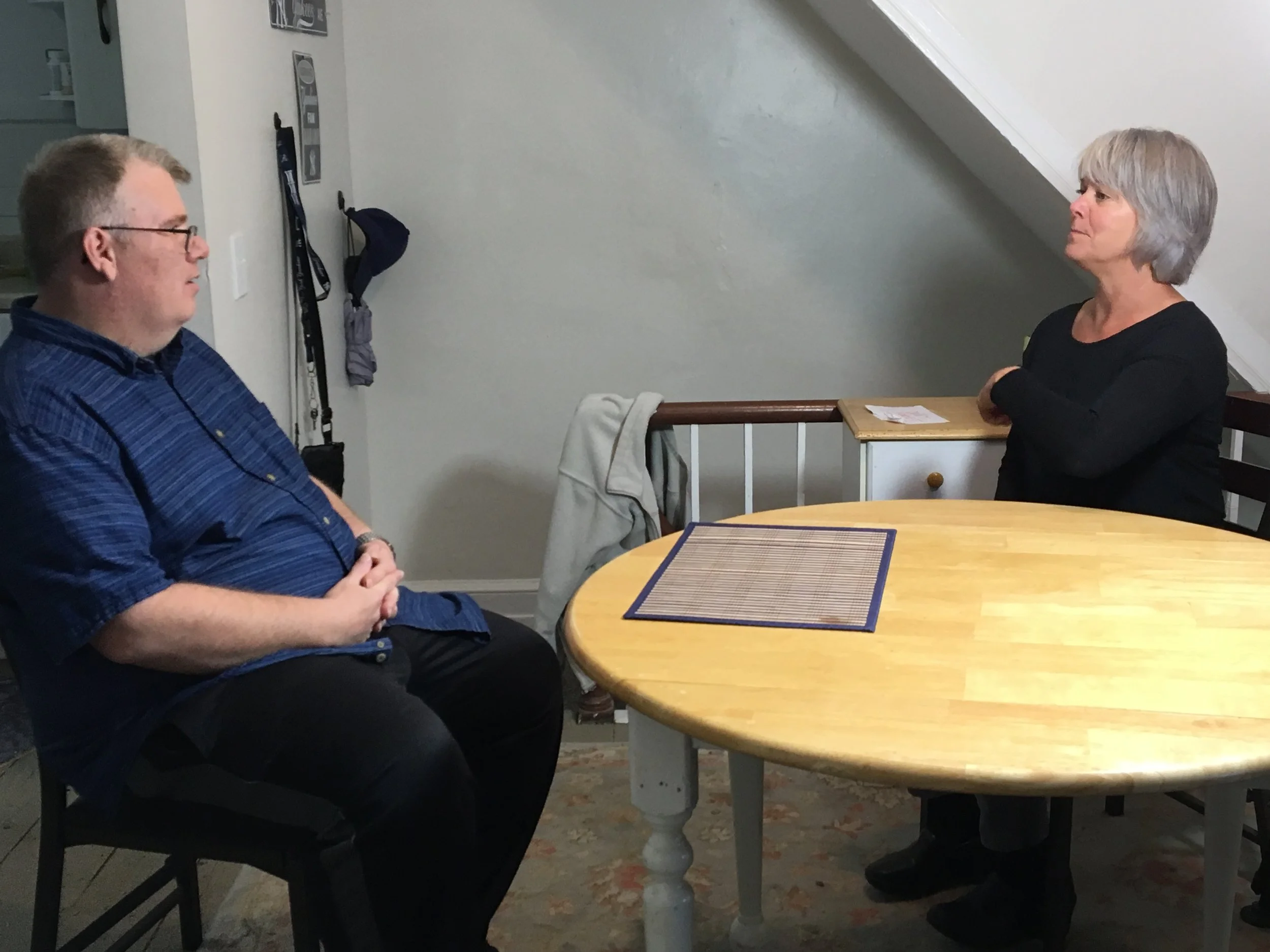 Steve talks with Anne Murphy, Director of Home and Housing Development at Wildwood Programs