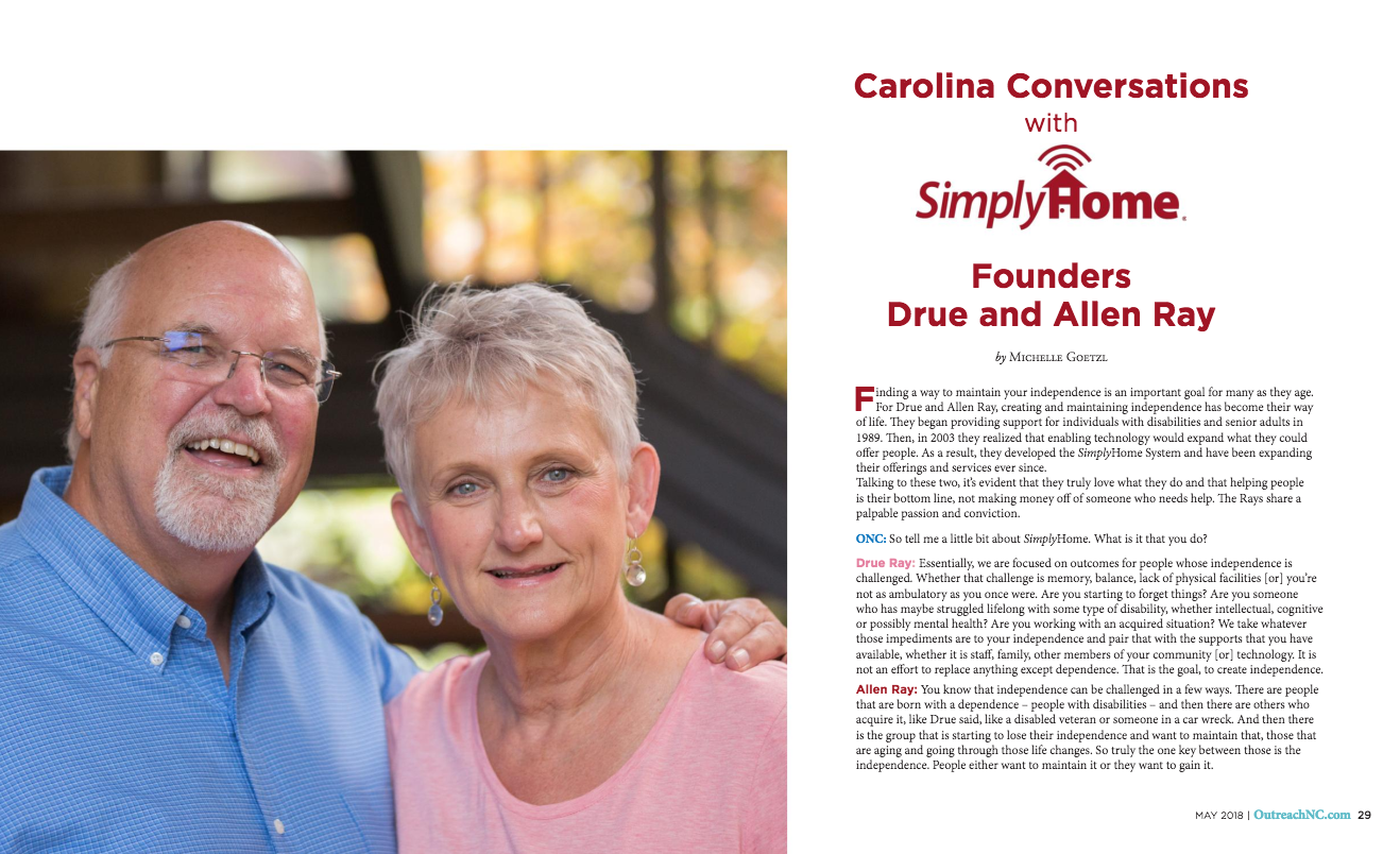 The May 2018 issue of Outreach NC features Simply Home's founders, Drue & Allen Ray.