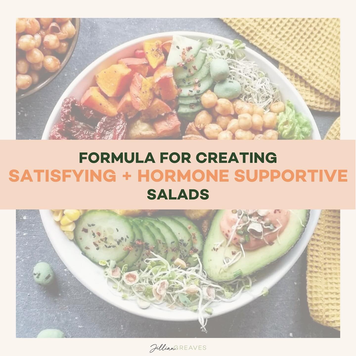 My go-to formula for creating satisfying + hormone supportive salads at home!

What does a hormone supportive meal include? 👇🏻
✅ Protein (25+ grams) promotes satiety &amp; fullness, stabilizes blood sugar, &amp; provides amino acids that support ph