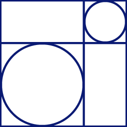 Abstract geometric design with black background and blue outlines of squares, circles, and semi-circles.