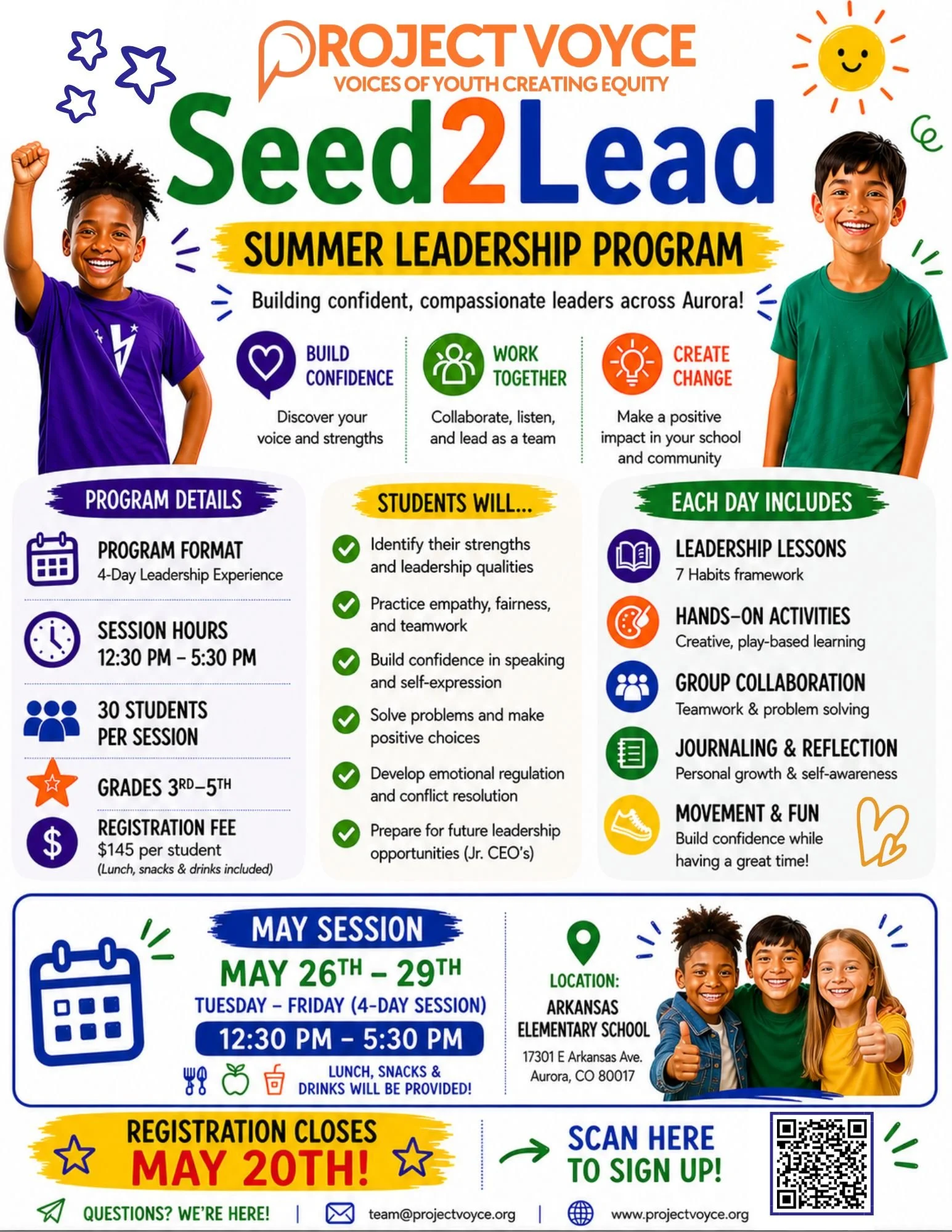Seed2Lead Summer Leadership Program located in Aurora, Colorado and hosted at Arkansas Elementary School for students in 3rd - 5th grade and rising 6th graders.