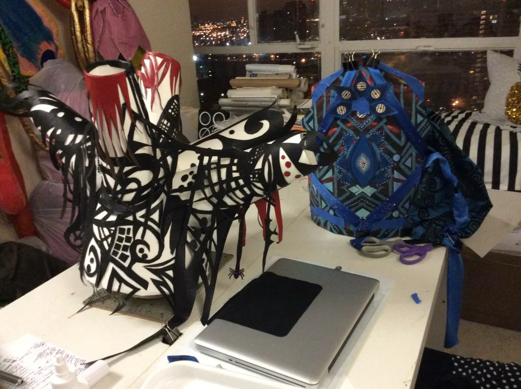 Image of interior of Denenge’s studio, with headdresses in progress for the “Ma(s)king Her” 2017 performance by Honey Pot (based on drawings and textiles by Euzhan Sims. Image courtesy of artist.