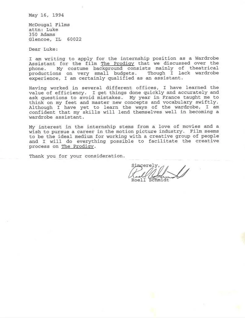Letter of application for internship on the film “The Prodigy,” 1994. Image courtesy of Roell Schmidt.