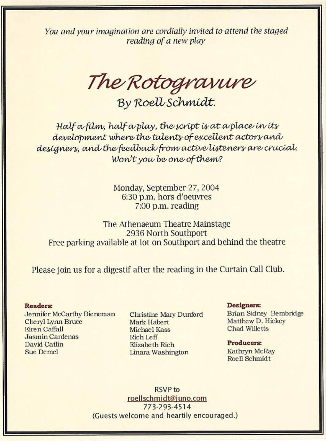 Invitation to a staged reading of Roell Schmidt’s cineplay “The Rotogravure.” Image courtesy of Roell Schmidt.