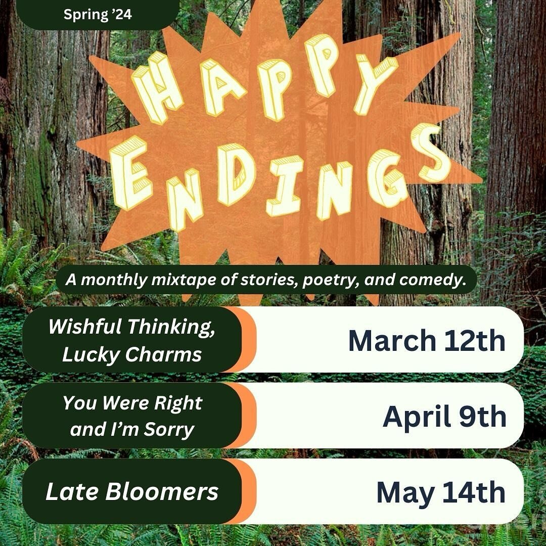 Our spring schedule!!
See a theme that you&rsquo;ve got a story, poetry, or stand up for? Communicate your interest through the form in our bio ☀️

☘️March 12th: &ldquo;Wishful Thinking and Lucky Charms&rdquo;

Talismans, significant gifts, family he