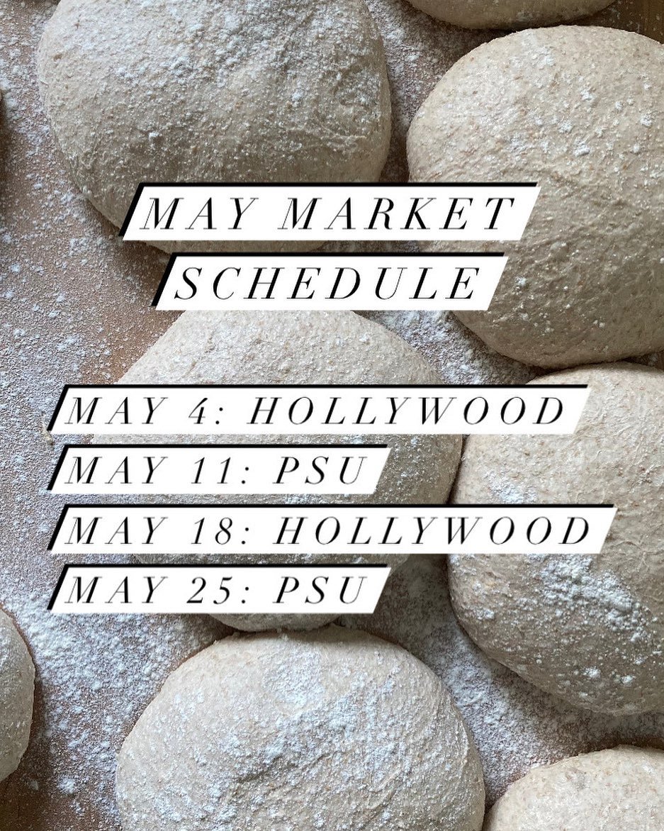 Here&rsquo;s our market schedule for May! And while I&rsquo;m here, I may as well tell you the bread menu for Saturday&rsquo;s Hollywood Market: 🌾Purple Karma Barley, 🌾Einkorn Pepita, 🌾Walnut Red Fife, 🌾Red Fife Raisin Cardamom. And crackers, cri
