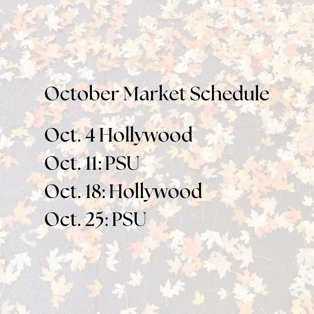 Here is our schedule for October! Note that the hours for Hollywood have changed with the season, so we&rsquo;ll be there from 9am till 1pm. Here&rsquo;s the bread menu: 🌾Purple Karma Barley, 🌾Einkorn Pepita, 🌾Walnut Red Fife, 🌾Red Fife Raisin Ca