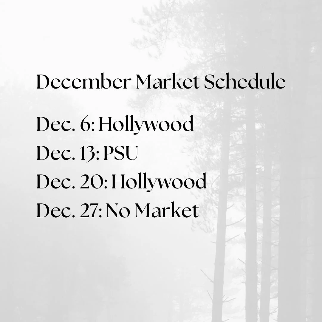 Hello, lovely people. Here is our market schedule for December. Tomorrow we're at Hollywood. I've got fresh crackers, crisps, granola, and here's the bread menu: 🌾Purple Karma Barley, 🌾Einkorn Pepita, 🌾Walnut Red Fife, 🌾Red Fife Raisin Cardamom, 