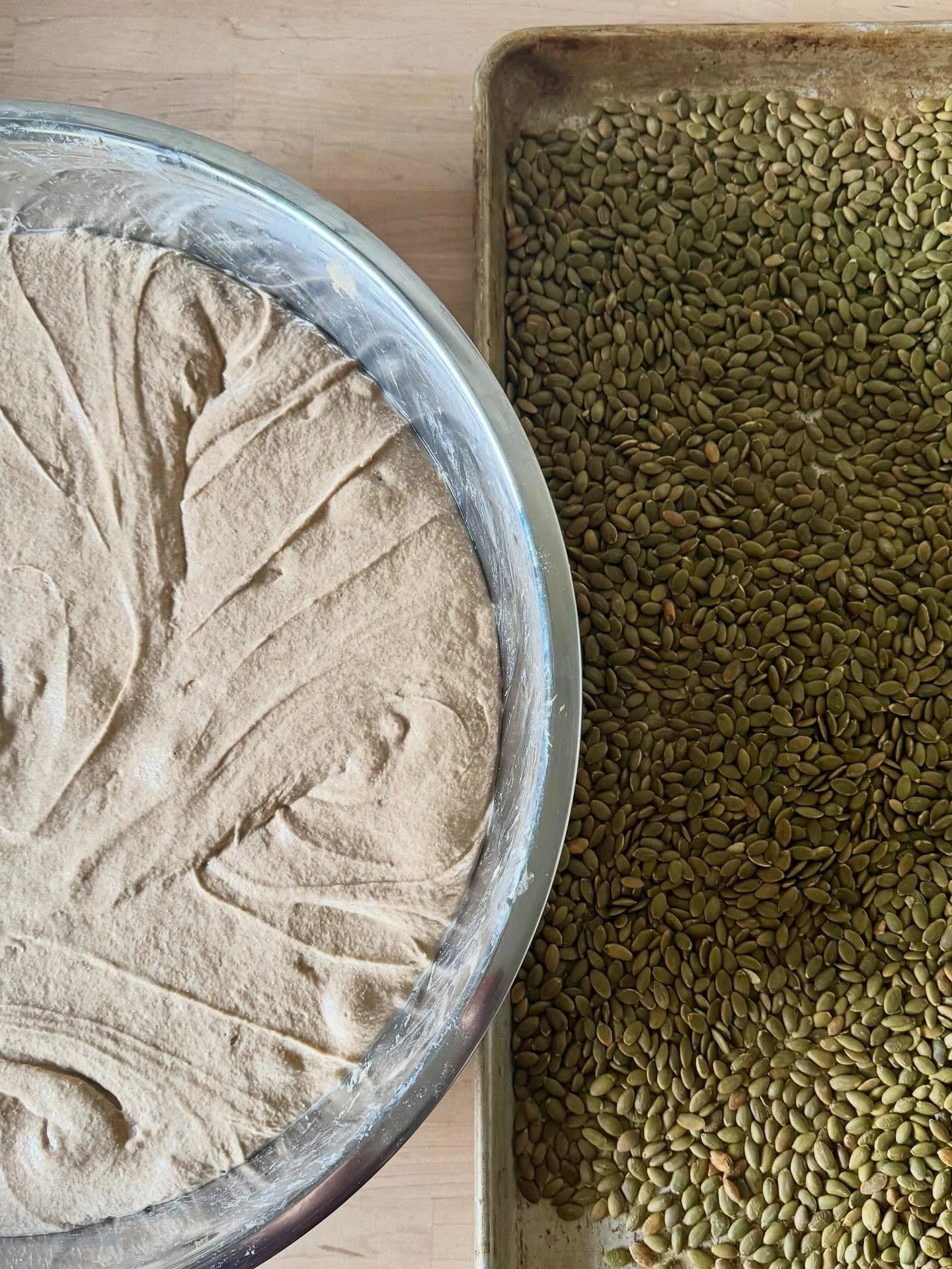 Einkorn and pepitas. Tomorrow we will be at PSU, and with the compressed footprint for the winter, you'll find us in front of the Millar Library on the west side of the market. Tomorrow's bread menu is: 🌾Purple Karma Barley, 🌾Einkorn Pepita, 🌾Waln