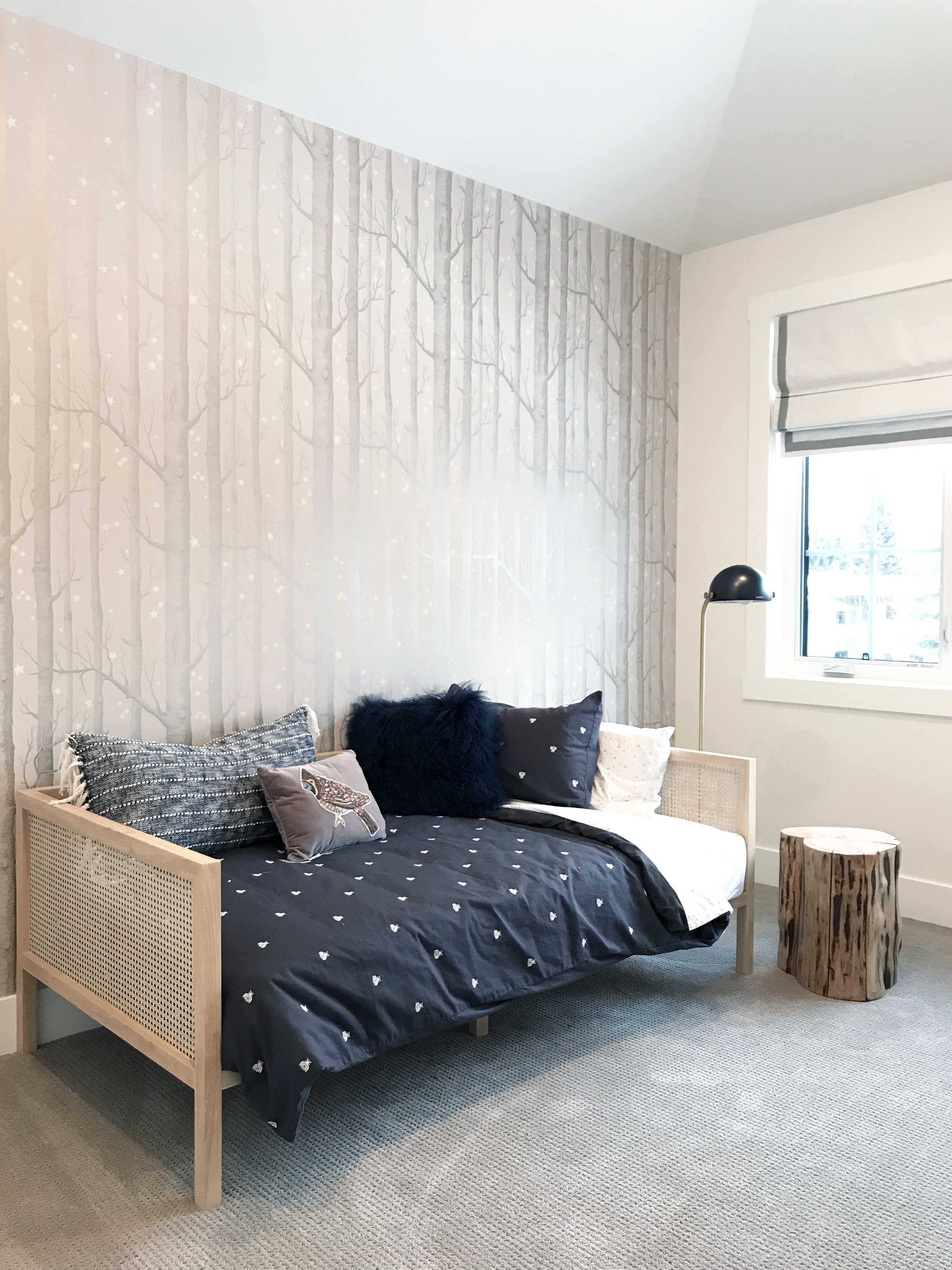 Birch branch wallpaper with stars, Children’s room, Interior Furnishings by Nyla Free Designs, Build by Veranda Estate Homes