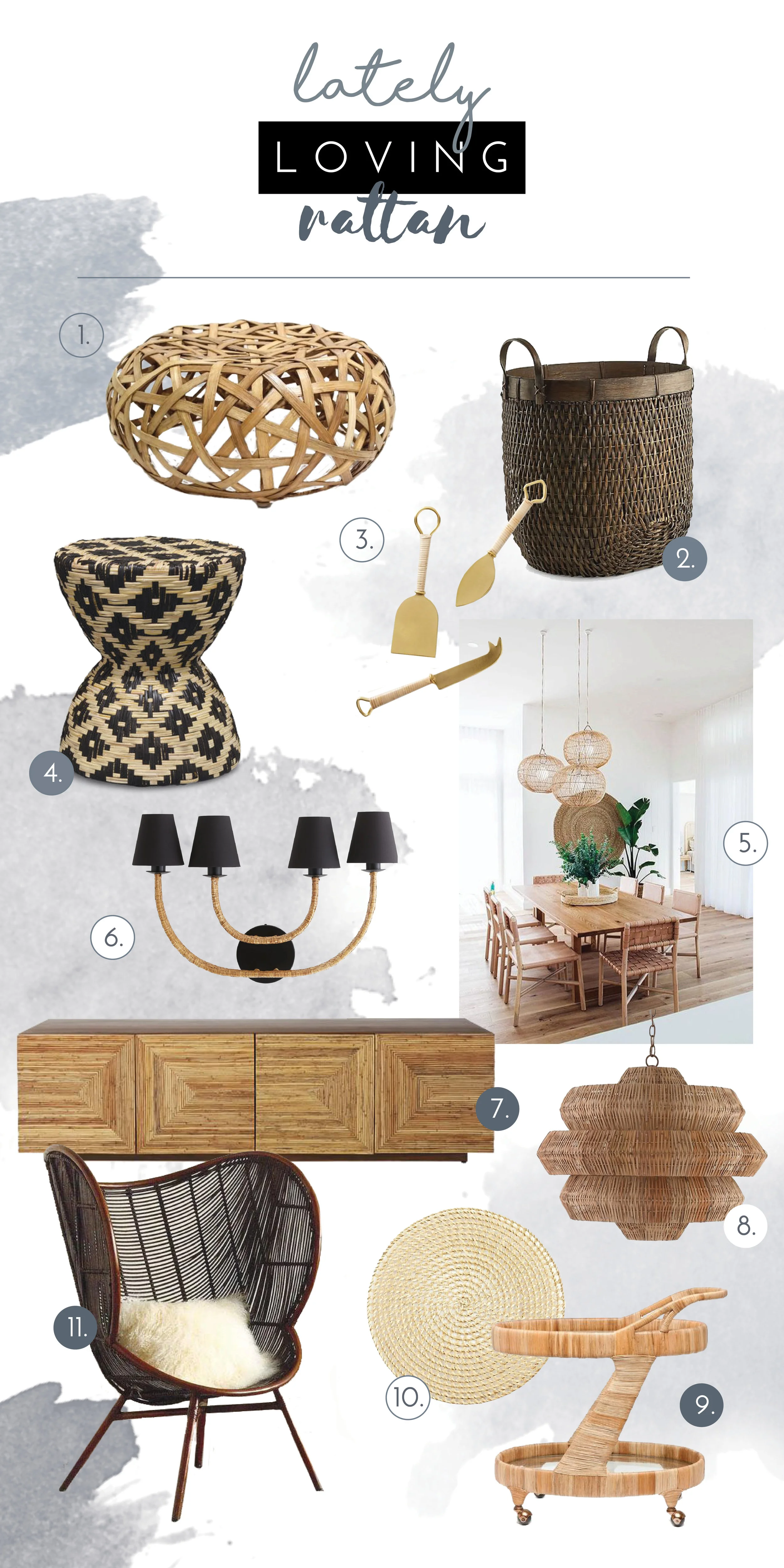 1. Ottoman | 2. Basket | 3. Knife Set | 4. Side Table | 5. Image | 6. Wall Sconce | 7. Credenza | 8. Chandelier | 9. Bar Cart | 10. Placemat | 11. Chair
