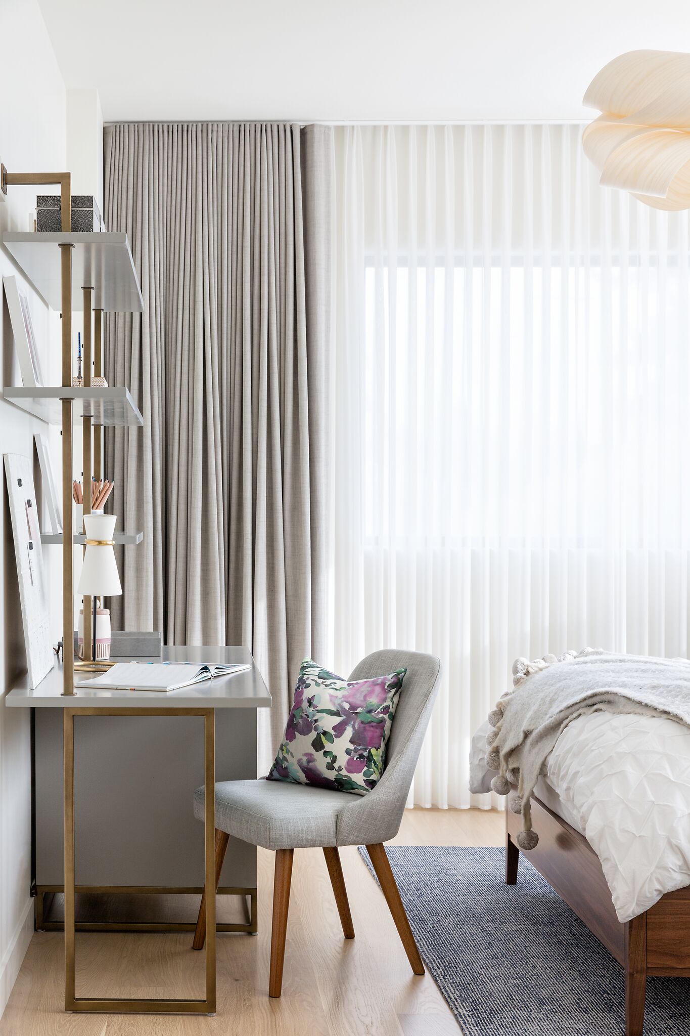 Teen Bedroom with Navy and Purple Accents, Desk and Sheer Drapery, Elbow Park Modern, Nyla Free Designs, Calgary Interior Designer, DeJong Design Associates, Insignia Custom Homes, Phil Crozier Photography