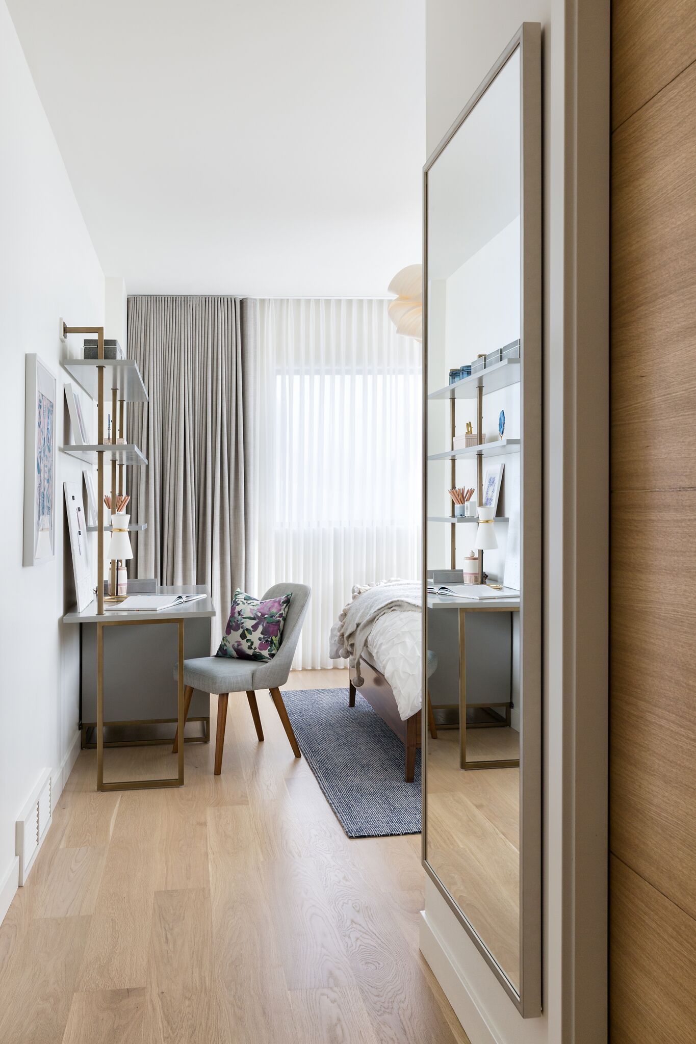 Teen Bedroom with Desk, Sheer Drapery, Elbow Park Modern, Nyla Free Designs, Calgary Interior Designer, DeJong Design Associates, Insignia Custom Homes, Phil Crozier Photography