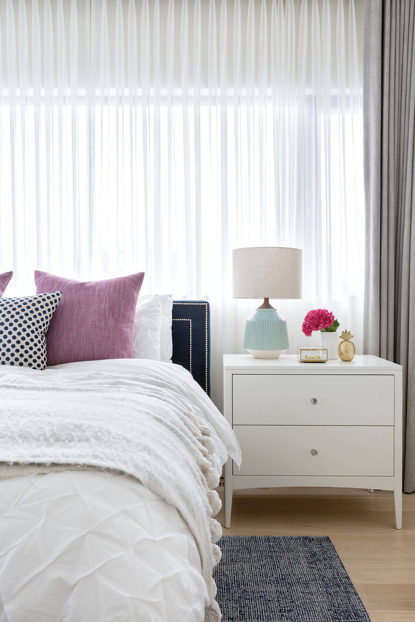 Teen Bedroom with Navy and Purple Accents, Sheer Drapery, Elbow Park Modern, Nyla Free Designs, Calgary Interior Designer, DeJong Design Associates, Insignia Custom Homes, Phil Crozier Photography