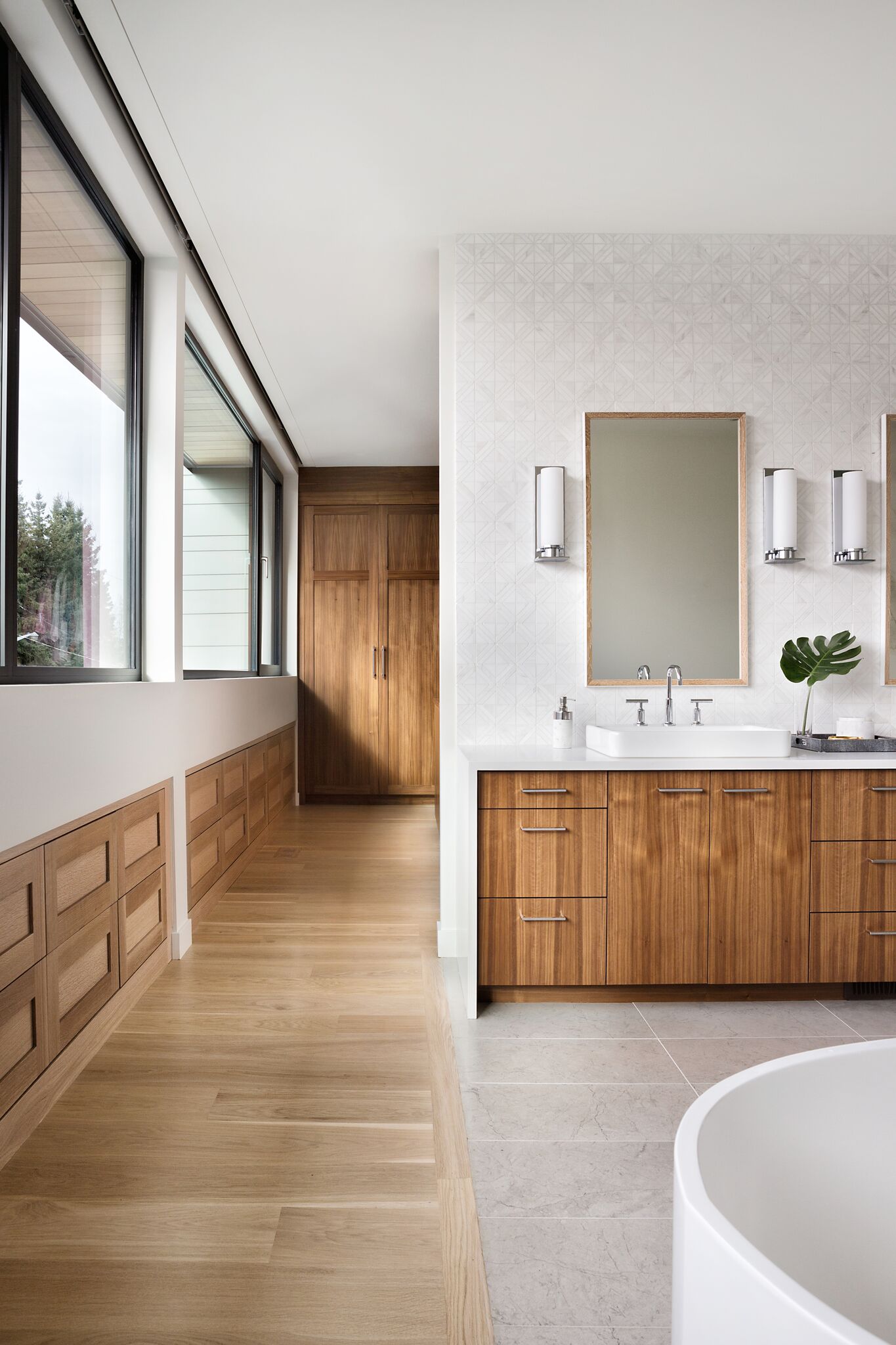 Walnut Vanity and Closet Built-ins, Black Framed Windows with Storage Below, Elbow Park Modern, Nyla Free Designs, Calgary Interior Designer, DeJong Design Associates, Insignia Custom Homes, Phil Crozier Photography