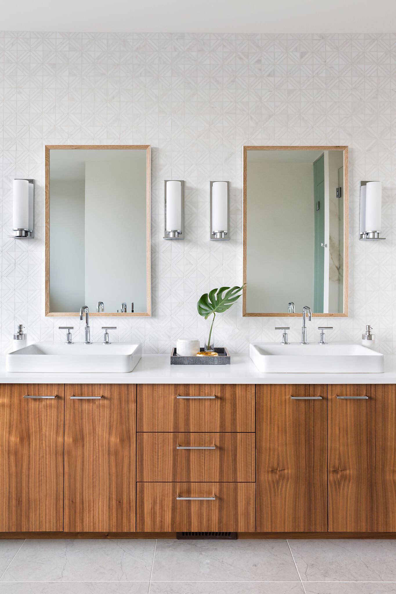 Walnut Vanity with White Glass Patterned Tile Backsplash, Elbow Park Modern, Nyla Free Designs, Calgary Interior Designer, DeJong Design Associates, Insignia Custom Homes, Phil Crozier Photography