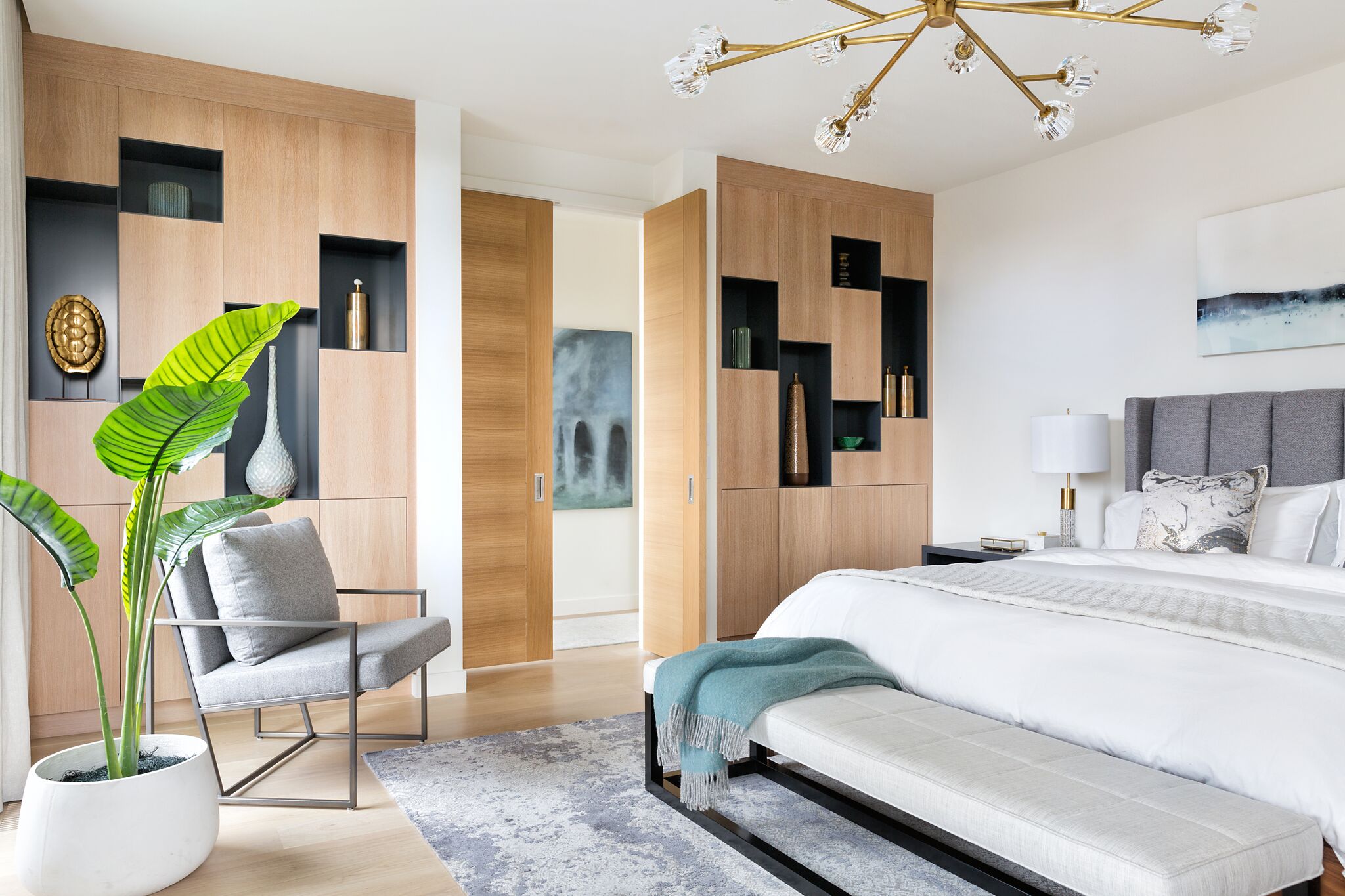 Master Bedroom with Built-ins, Decorative Niches, Elbow Park Modern, Nyla Free Designs, Calgary Interior Designer, DeJong Design Associates, Insignia Custom Homes, Phil Crozier Photography