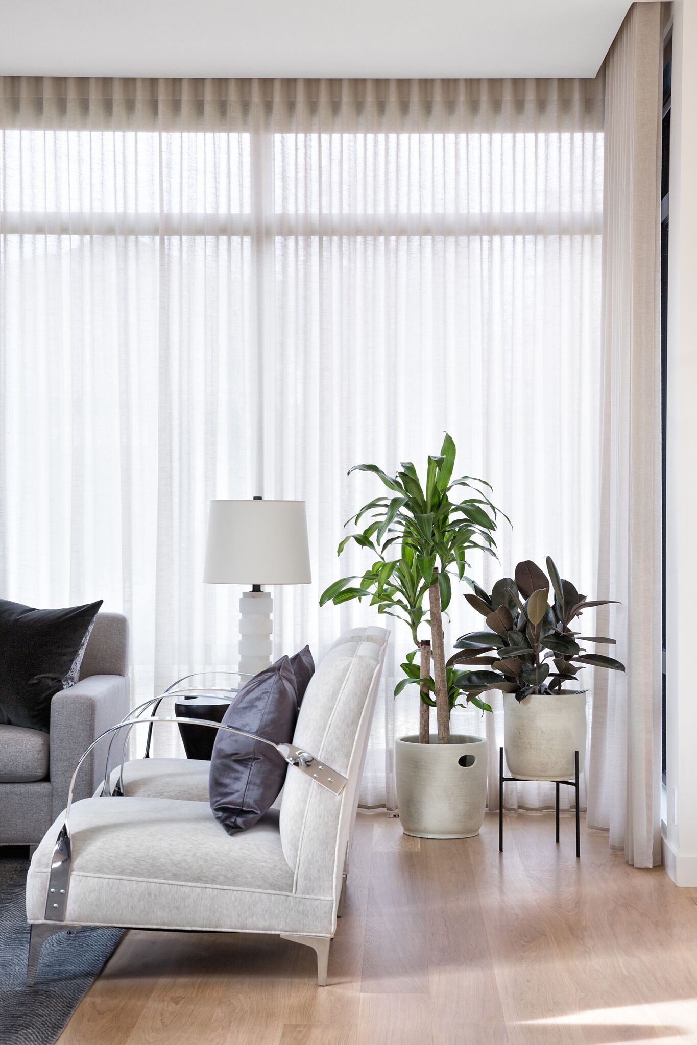 Living Room with Sheer Drapery, Elbow Park Modern, Nyla Free Designs, Calgary Interior Designer, DeJong Design Associates, Insignia Custom Homes, Phil Crozier Photography