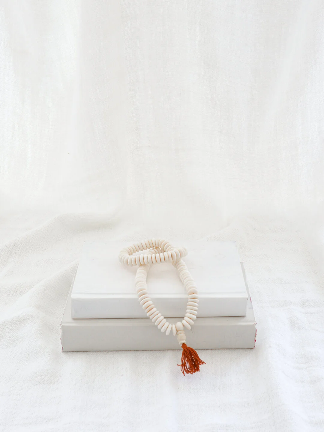 White Disk Prayer Beads With Tassel