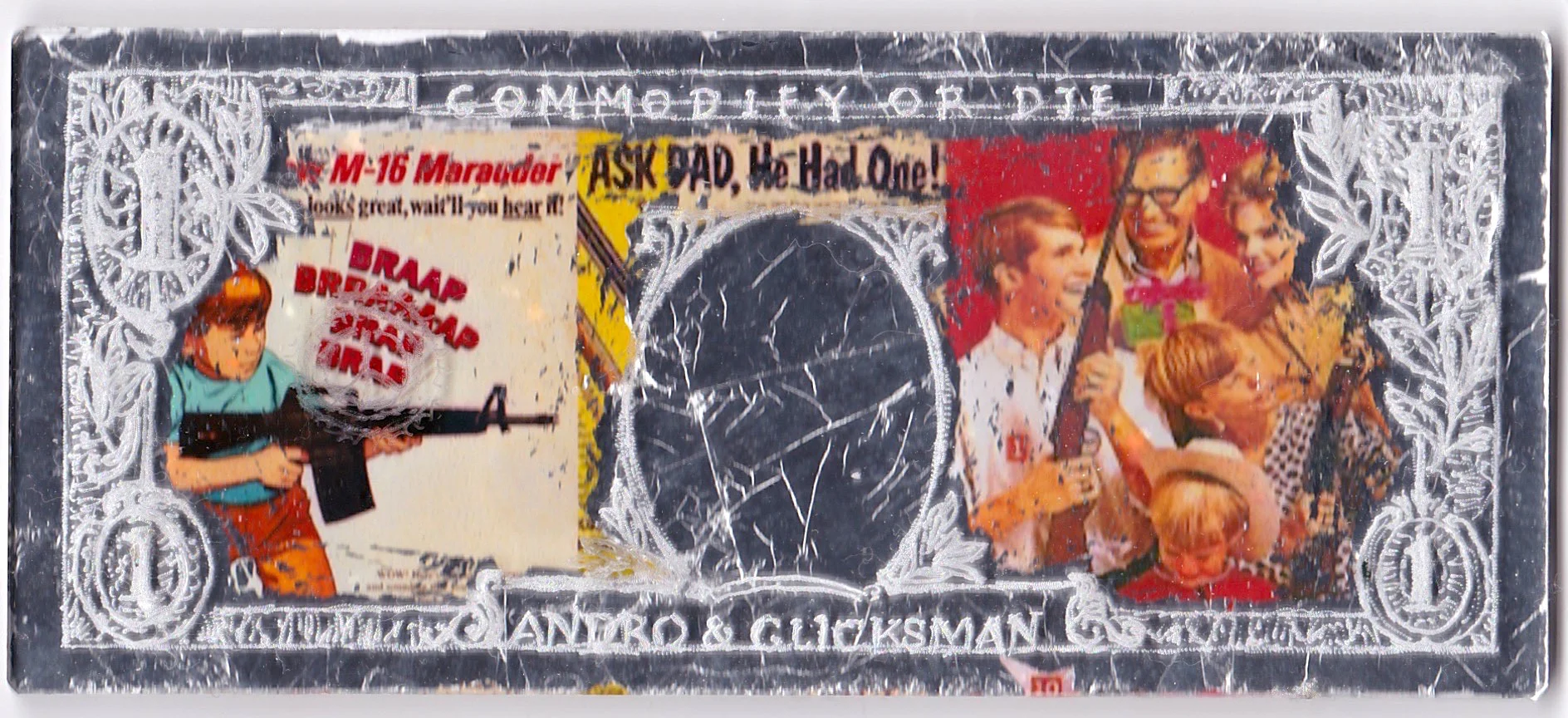  Commodify or Die - “Semi-Automatic”  Italian aluminum leaf on engraved plexiglass with photo collage on paper  2 5/8” x 6 1/8” x 1/4” &nbsp; 2025 