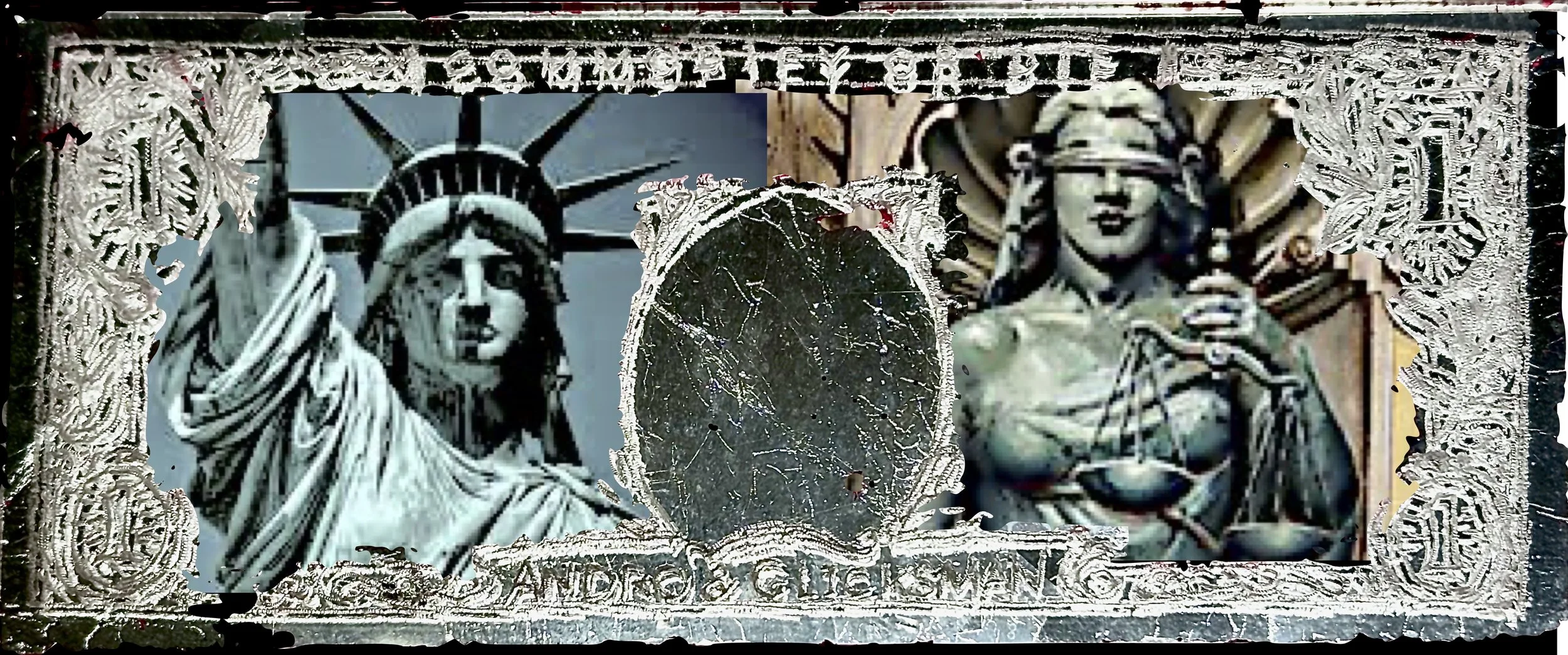  Commodify or Die - “Liberty”  Italian aluminum leaf on engraved plexiglass with photo collage on paper  2 5/8” x 6 1/8” x 1/4” &nbsp; 2025 