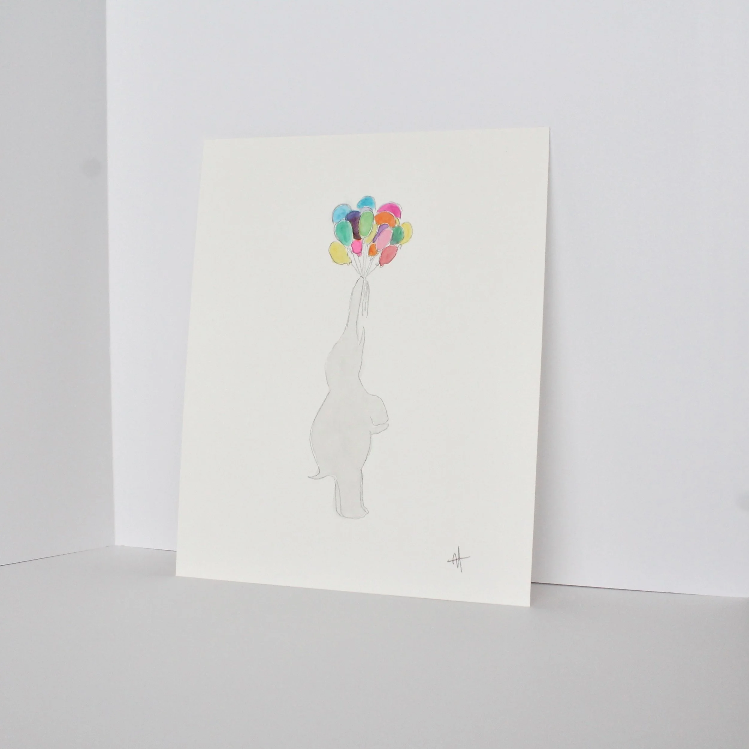 [8x10] Elephant + Balloons Watercolor