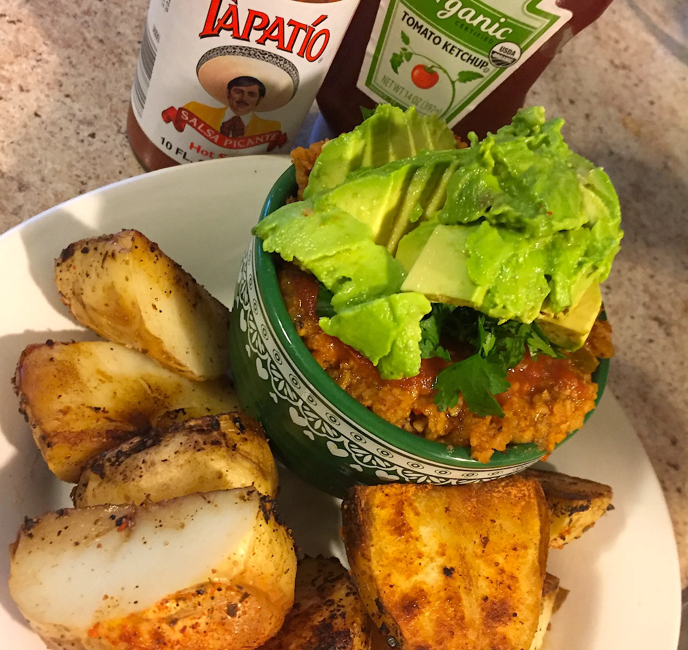 Mexican TVP with Avocado and Potato Wedges