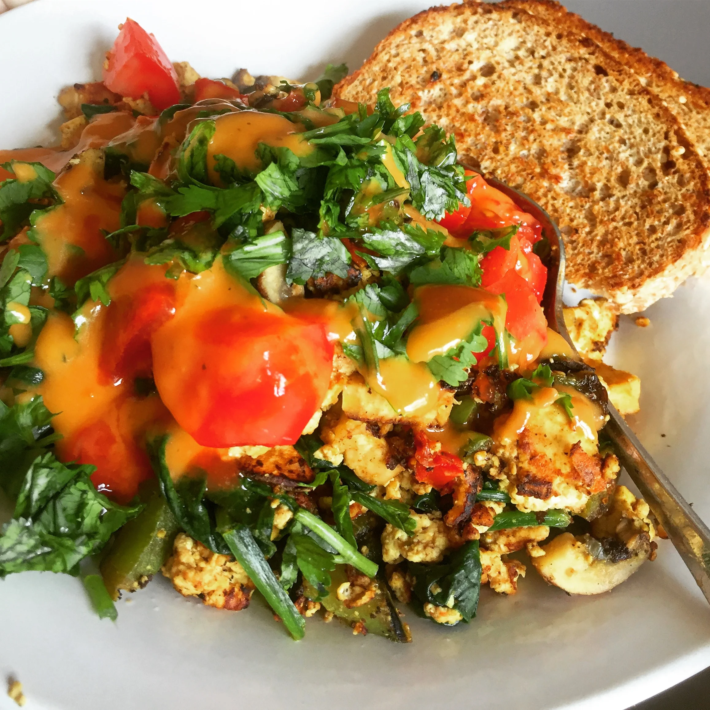 Tofu & Tempeh Scramble with Smoked Tomato Sauce