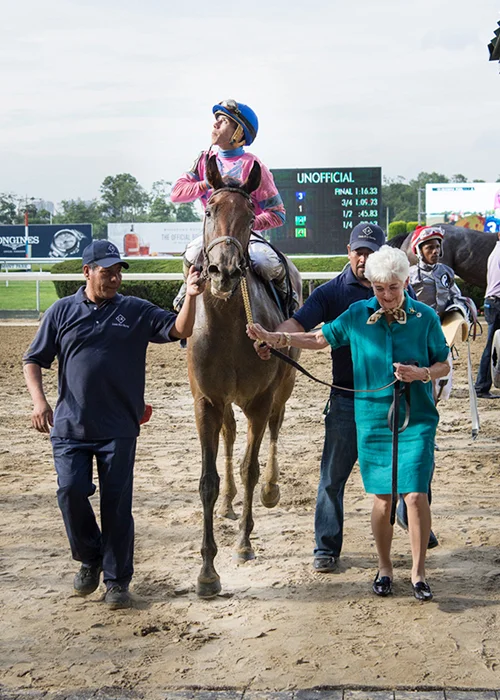 Vivien leading Silly Sister and Irad Ortiz, Jr. to the winners circle