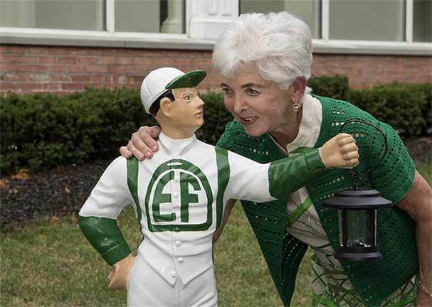 Vivien giving a pep talk to her jockey for the Saratoga racing season