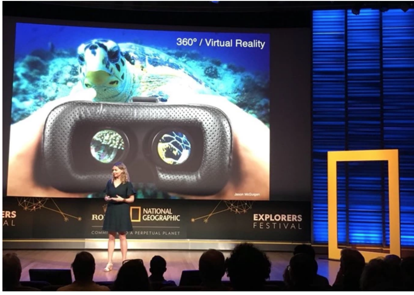 Marine biologist Dr. Erika Woolsey presenting on the use of VR for ocean education at the 2018 National Geographic Explorers Festival.
