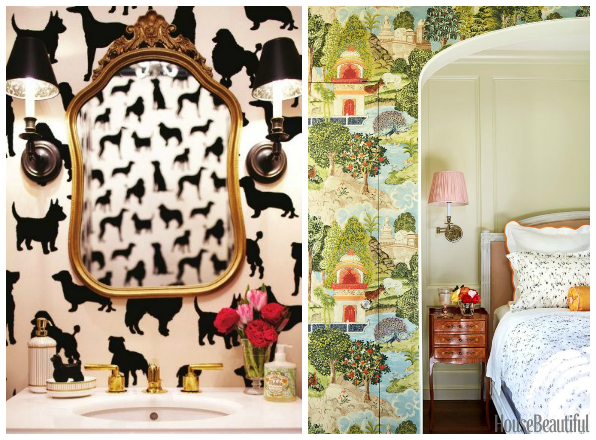 Left: Everyone needs a powder room with dog wallpaper, in my opinion.