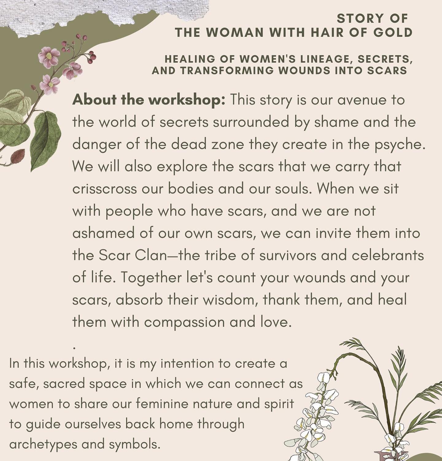 Next week online session is about secrets, transforming wounds into scars and healing of women&rsquo;s lineage. 

Join us to nurture your deepest wisdom through stories, journaling and meaningful group sharing. Time to honour the parts of you that wa