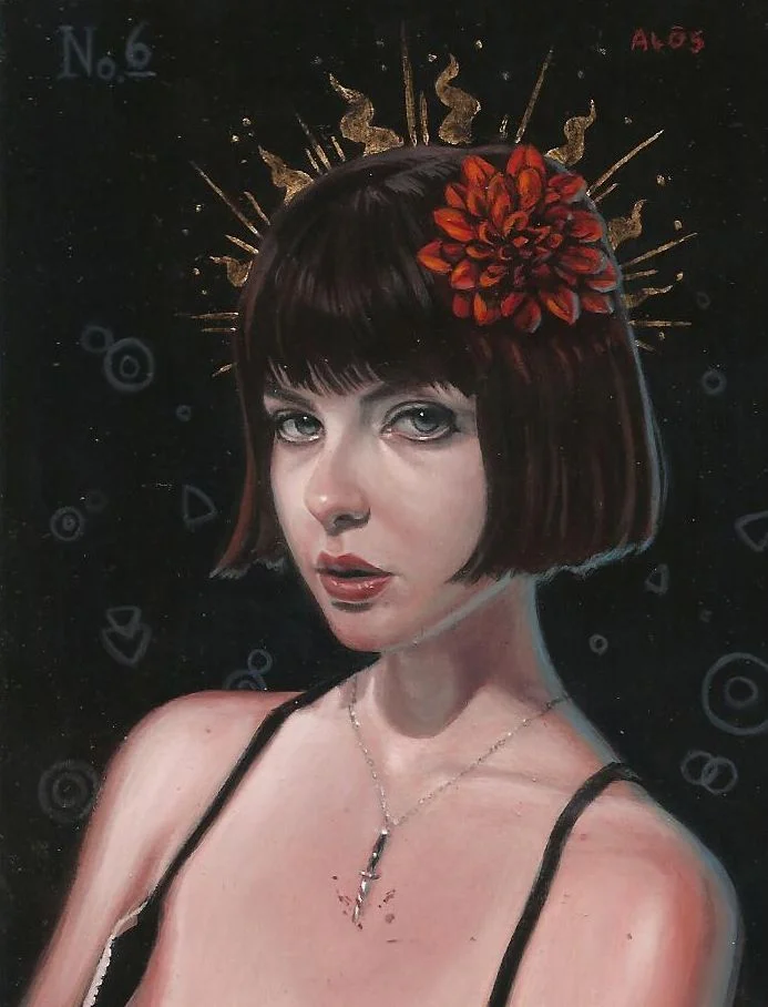 Girl with dahlia 3x4” acrylic and metal leaf on wood 2012