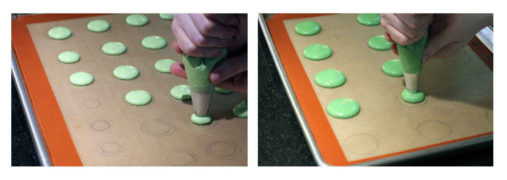 Step 1: Pipe french macarons in two different colors and three different sizes.