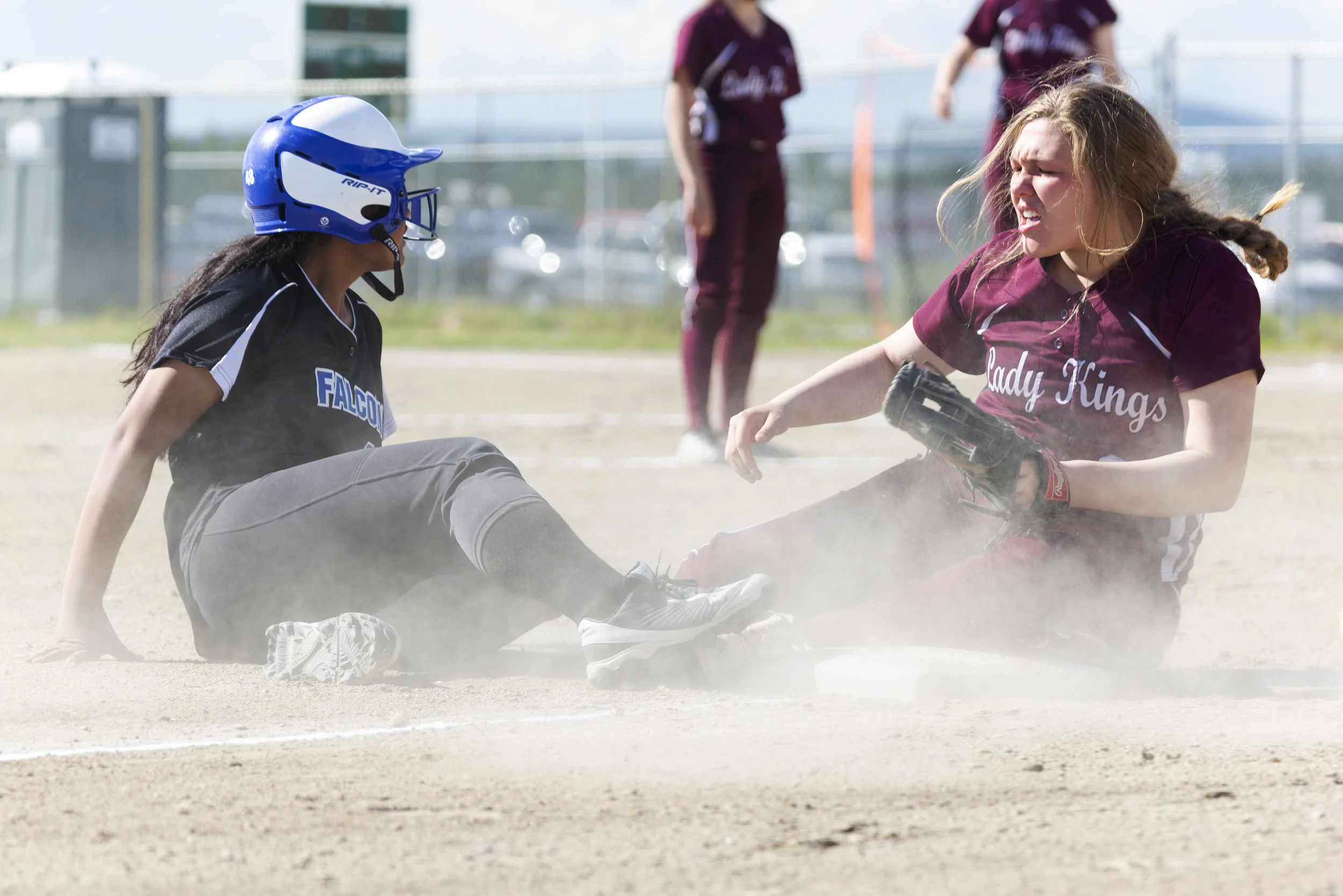 #14 Mariah Tanuvasa Tuvaifale looks to the umpire for his call after sliding safely onto third base in the Thunder Mountain vs Ketchikan champion game in the ASAA Division II state softball tournament in Fairbanks on Saturday, June 2nd. Sarah Manriq…