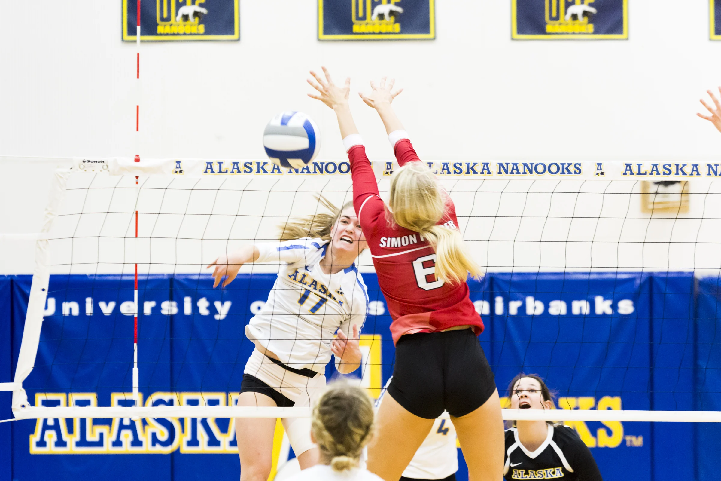 #17 Cate Whiting spikes the ball and scores a point on Thursday, October 18th 2018 UAF vs Simon Fraser University.