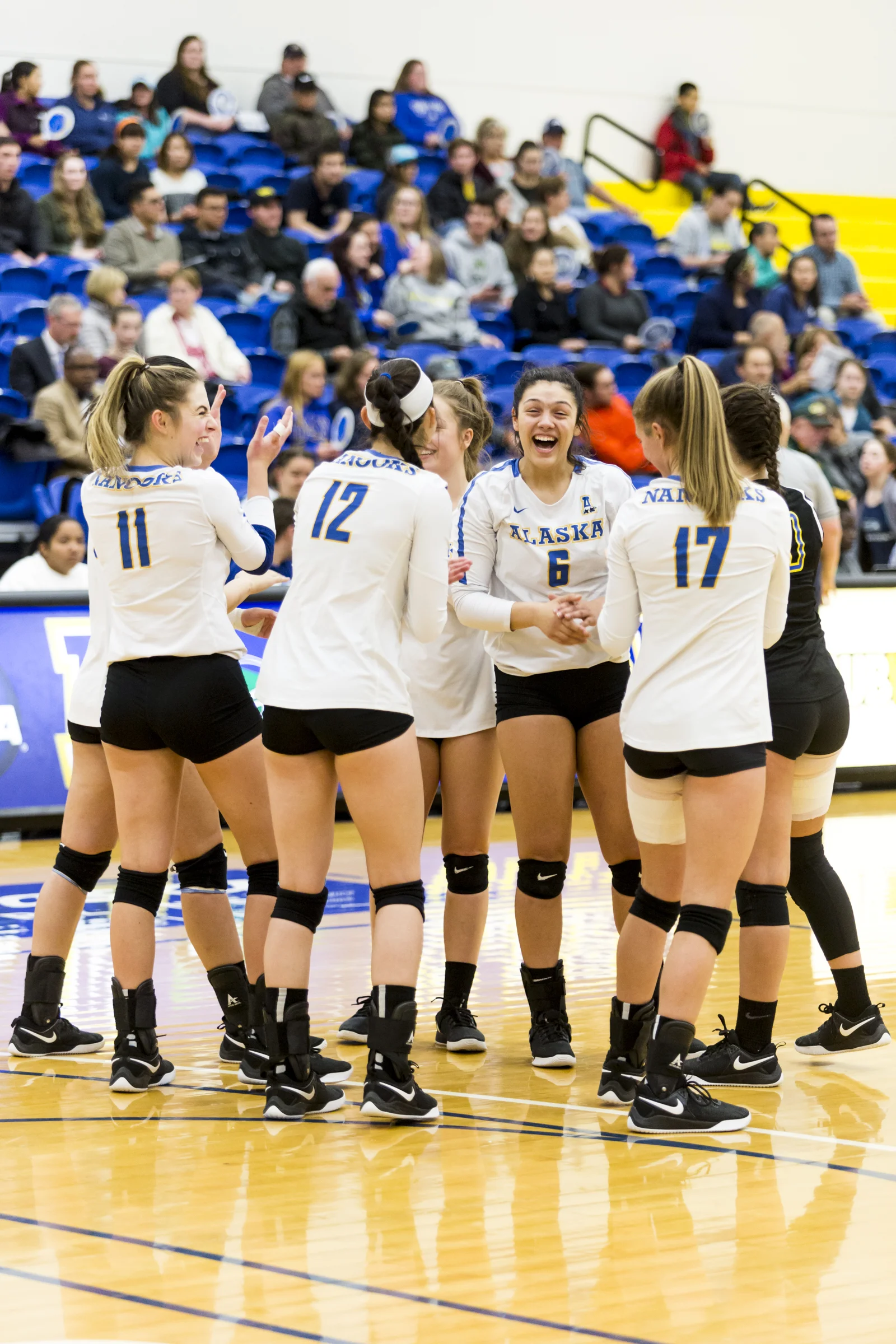 The 2018 UAF Women's Volleyball starting line up breaks into laughter after their a team cheer on the court before the start of the game on Tuesday, October 9th, 2018 UAF vs UAA.