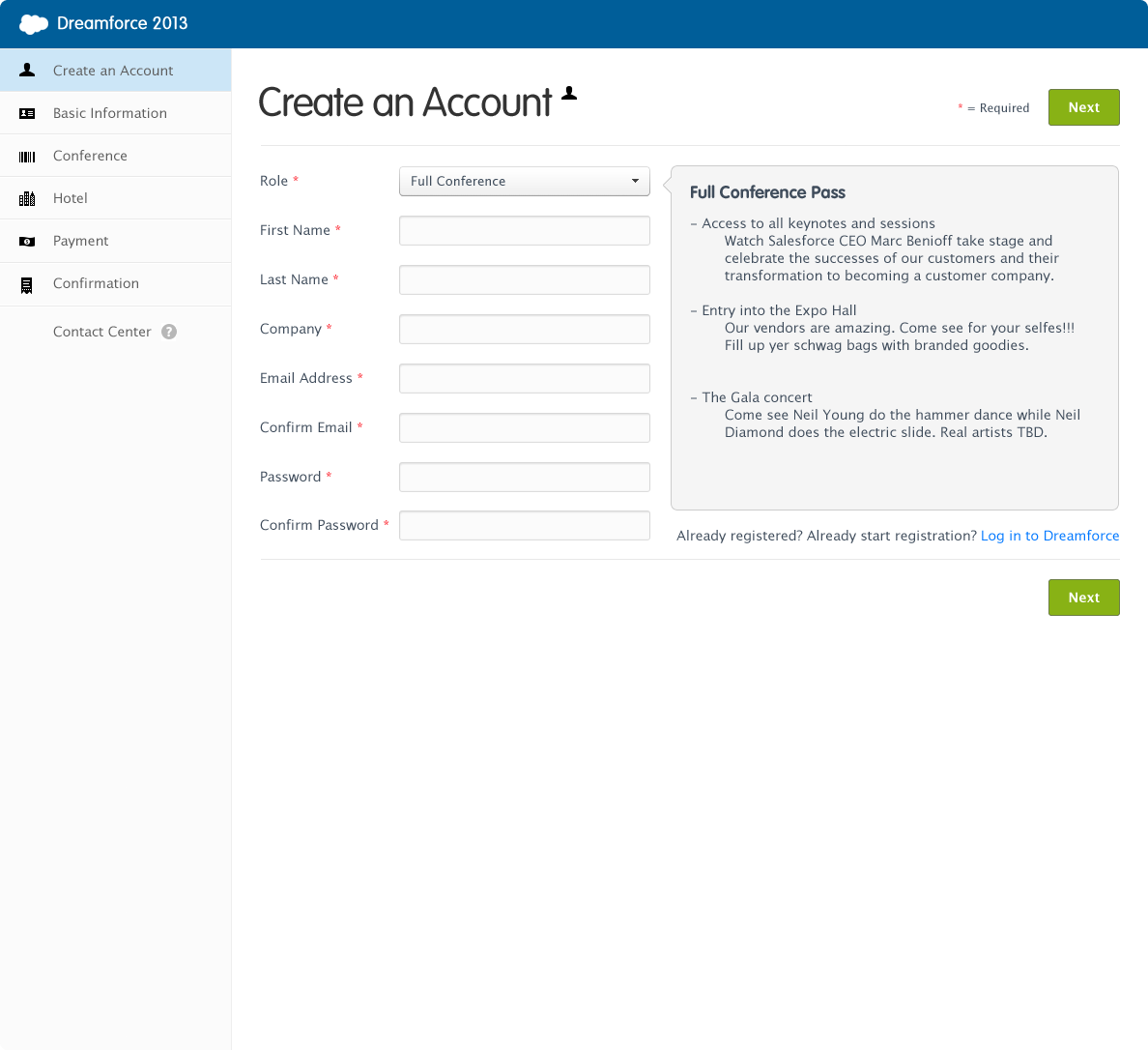 Screenshot of Dreamforce 2013's create account screen.